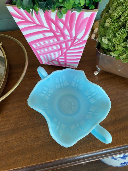 Vintage Blue Fenton Glass Butterfly Handled Bowl