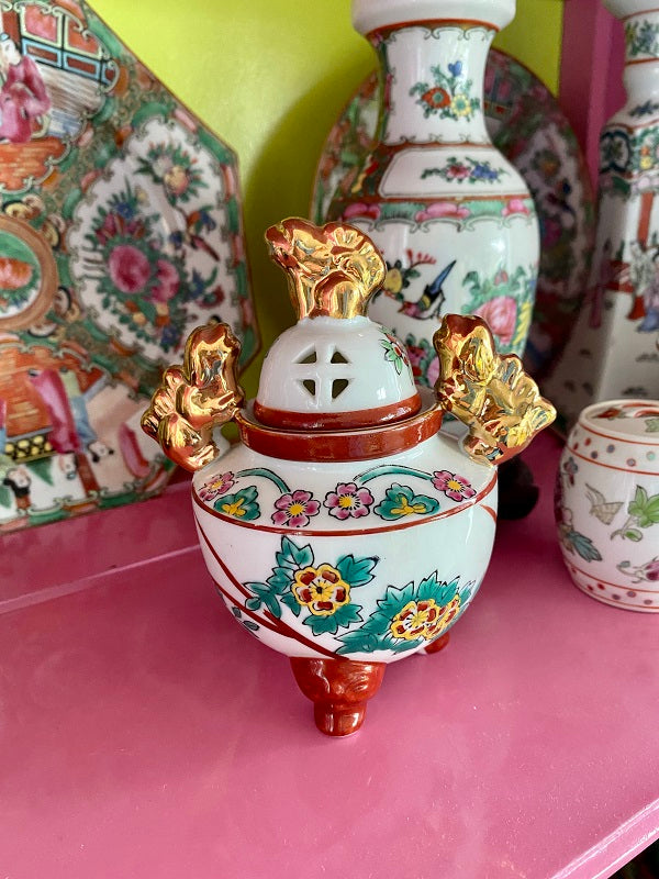 Vintage Chinese Sensor - Famille Rose Pattern, Porcelain Incense Burner, Foo Dog Accent