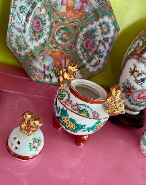 Vintage Chinese Sensor - Famille Rose Pattern, Porcelain Incense Burner, Foo Dog Accent
