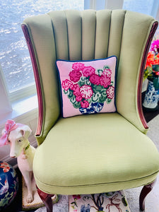 Needlepoint Pillow - Pink Flowers in Blue and White Chinoiserie Vase