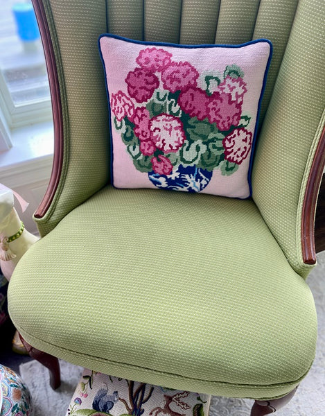 Needlepoint Pillow - Pink Flowers in Blue and White Chinoiserie Vase
