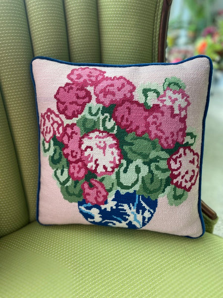 Needlepoint Pillow - Pink Flowers in Blue and White Chinoiserie Vase