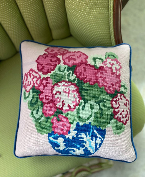 Needlepoint Pillow - Pink Flowers in Blue and White Chinoiserie Vase