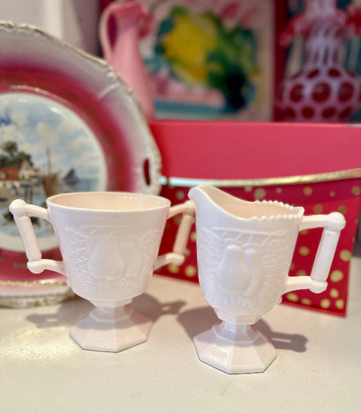 Vintage Sugar and Creamer, 1940s Jeannette Shell Milk Glass, Pink