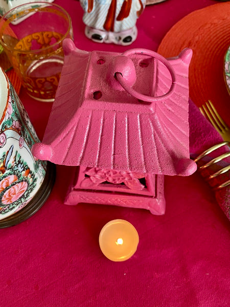 Vintage Pink Pagoda Tea Light - Wrought Iron
