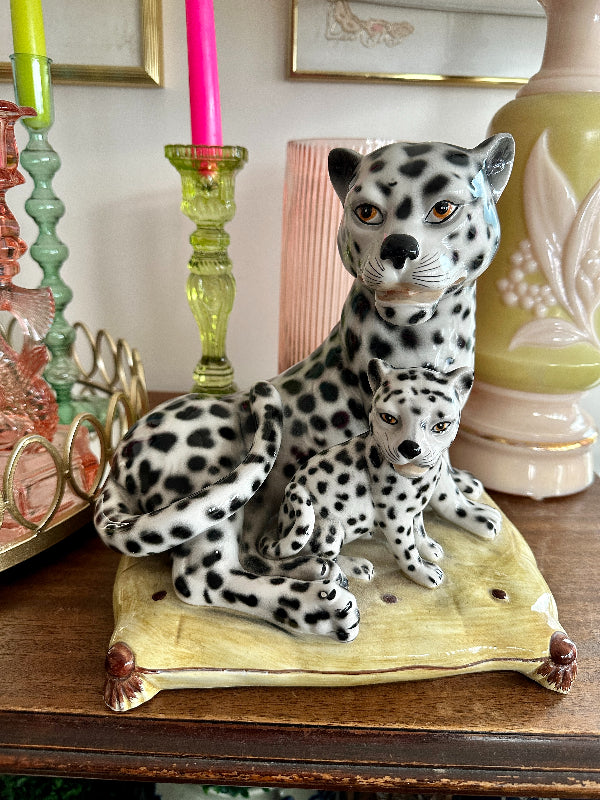Vintage Leopard Statue, Figurine, Snow Leopards on Pillow, Fine