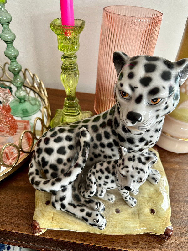 Vintage Leopard Statue, Figurine, Snow Leopards on Pillow, Fine Ceramic,  Porcelain, Made in Italy