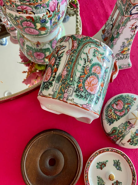 Vintage Tea Jar Famille Rose Medallion - 3 piece with Wood Base