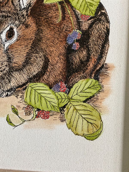 Hand Painted Pen and Ink Signed Bunny Framed Art, Whitewashed Wooden Frame