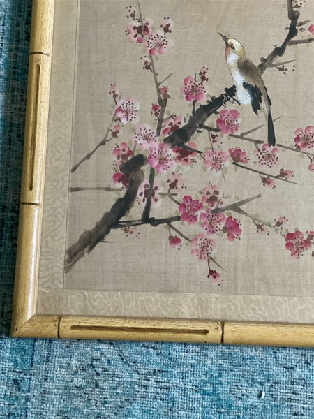 Weber Silk Hand Painted Bamboo Framed Bird and Floral Art, Signed