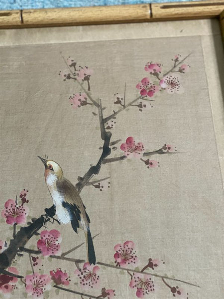Weber Silk Hand Painted Bamboo Framed Bird and Floral Art, Signed