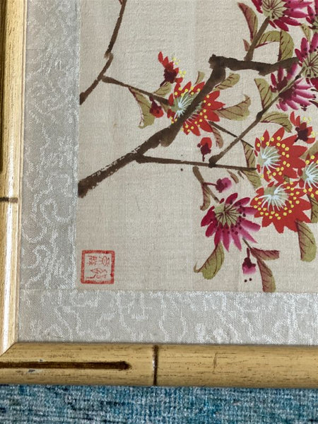 Weber Silk Hand Painted Bamboo Framed Bird and Floral Art, Signed