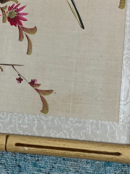 Weber Silk Hand Painted Bamboo Framed Bird and Floral Art, Signed