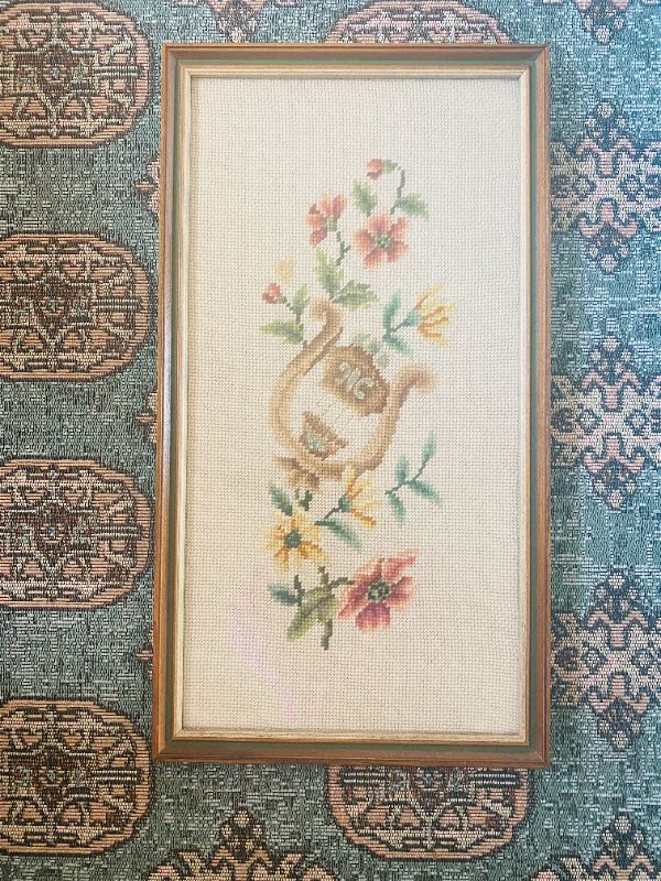 Grandmillennial Vintage Needlepoint Floral and Harp / Lyre Wood Framed in glass