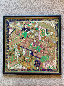 Rare Antique Chinese framed Foil Artwork, Pink and Green Market Scene Black Frame
