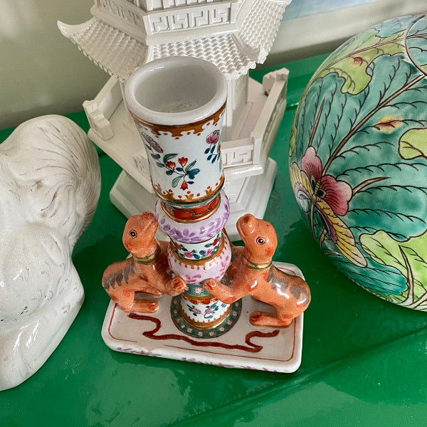 Vintage Candle Holder with Dogs Floral Motif - Chip on Bottom and Small Hairline Crack