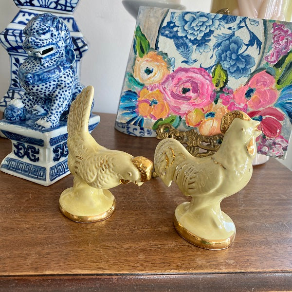 Vintage Rooster Salt and Pepper Shakers, Yellow and Gold Porcelain