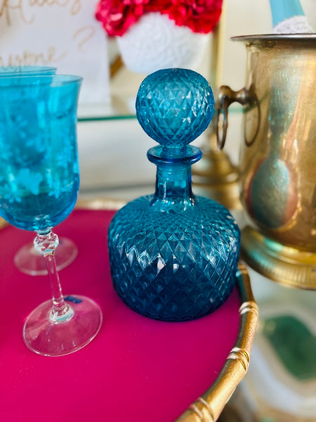 Vintage Decanter Blue Cut Glass Diamond Pattern