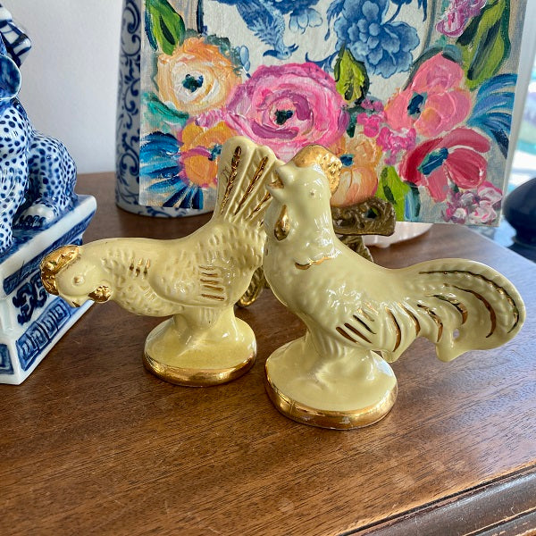 Vintage Rooster Salt and Pepper Shakers, Yellow and Gold Porcelain