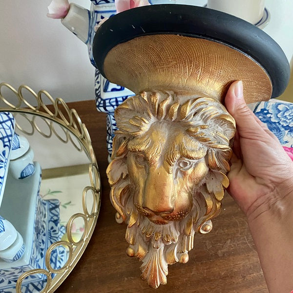 Vintage Pedestal Shelf / Sconce Gilded Lionhead, Gold and Black