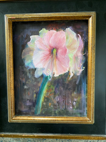 Grandmillennial Vintage Oil Painting of a Pink Lily Framed in Black and Gold