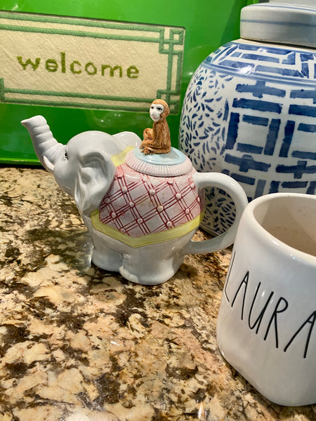Vintage Elephant Teapot with Monkey on Lid