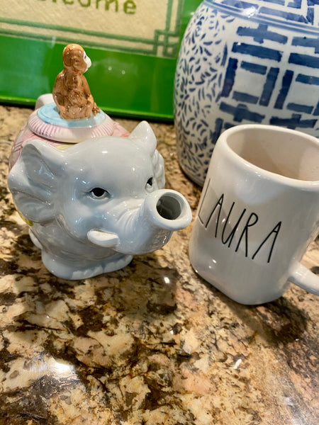 Vintage Elephant Teapot with Monkey on Lid