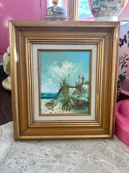 Vintage Oil Painting Lighthouse on the Dunes Signed, Framed Art