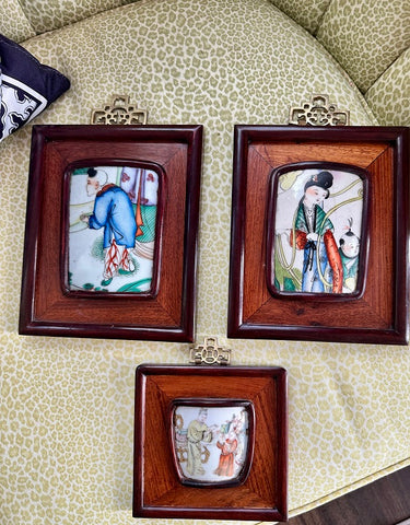 Vintage Chards Framed in Wood, Asian Decor, Chinoiserie-  Set of 3