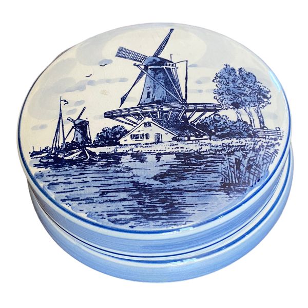 Vintage Trinket Box, Delft, Round, Lidded, Blue and White