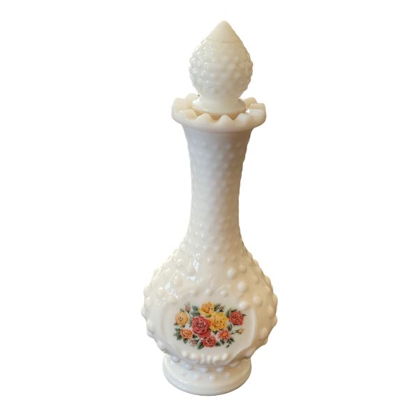 Milk glass hobnail floral perfume bottle/ decanter