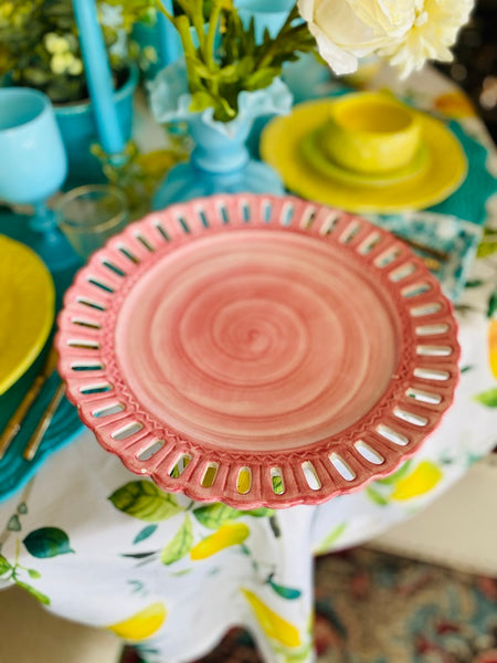 Pink Ceramic Reticulated Cake Plate Basket Weave Pedestal 1995 Lotus China