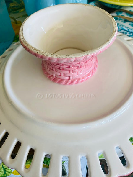 Pink Ceramic Reticulated Cake Plate Basket Weave Pedestal 1995 Lotus China