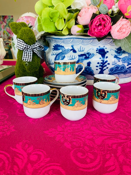 Vintage Set of 6 Greek Motif China Espresso Cups and Saucers - Green, White, Black