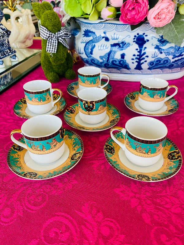 Vintage Set of 6 Greek Motif China Espresso Cups and Saucers - Green, White, Black