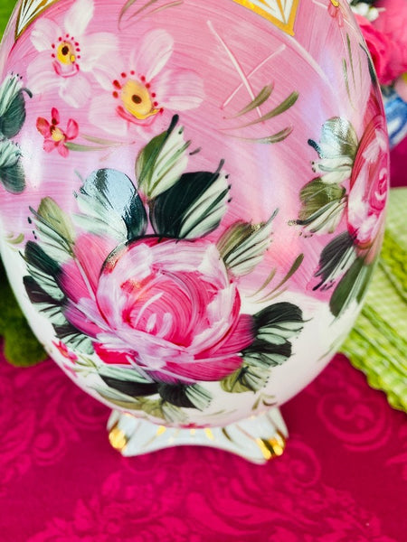Vintage Formalities Hand Painted Pink, Green, gold Floral Porcelain Egg Figurine