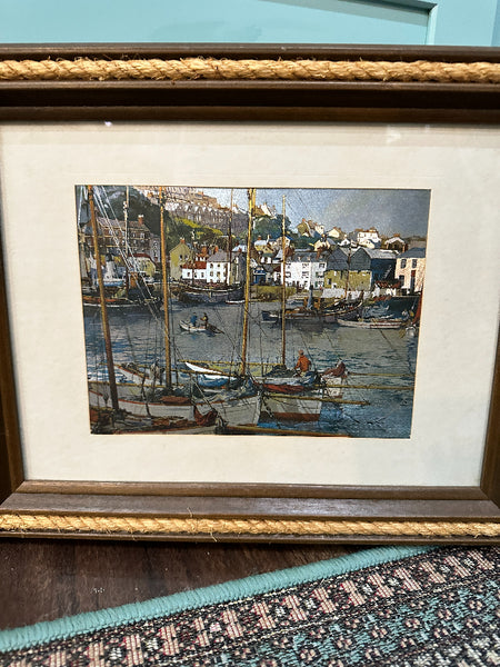 Vintage Foil Art Fishing Village - Wood Frame with Rope Detail, Matted