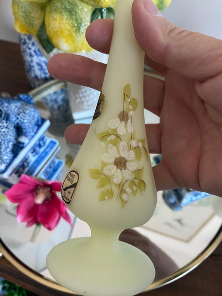 Vintage Vase, Handpainted Fenton glass yellow custard, signed by the artist