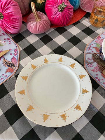 Christmas Tree Plates - Set of 4, White and Gold, Salad Plates, Tienshan Fine China
