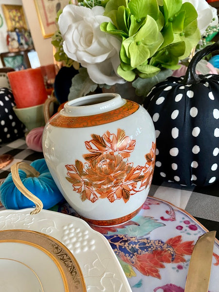 Vintage Ginger Jar Vase (no lid) L J Japan, White, Orange, Gold Floral Design