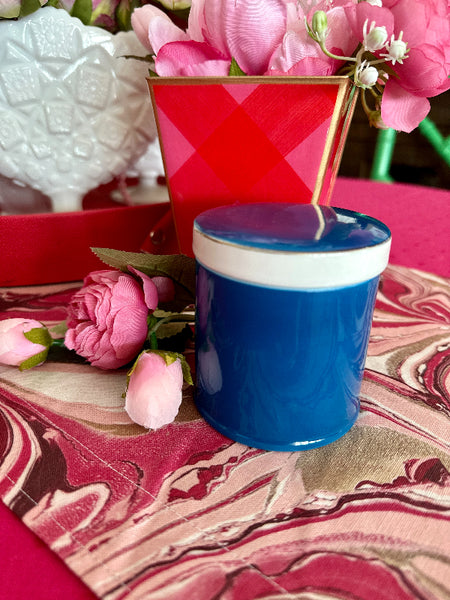 Vintage Lidded Jar, Cylinder, Cobalt Blue and White, Porcelain, Gold Trim, Japan