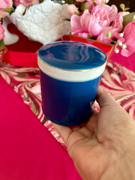 Vintage Lidded Jar, Cylinder, Cobalt Blue and White, Porcelain, Gold Trim, Japan