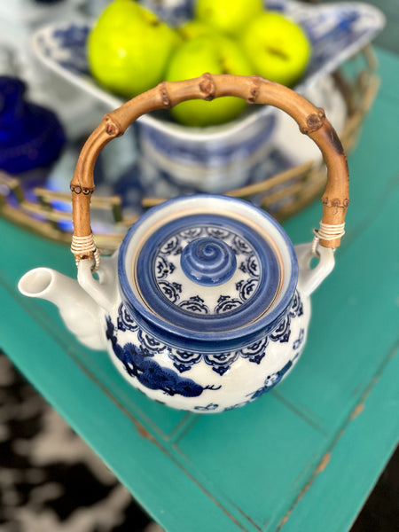 Vintage Teapot, Bamboo Handle, Blue and White, Chinoiserie, Children Playing