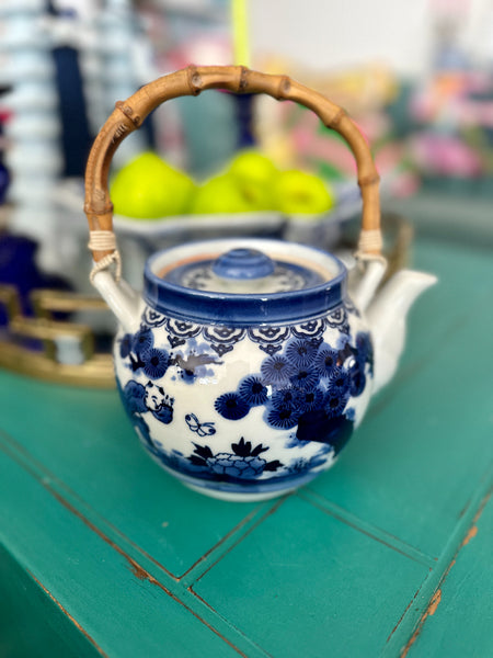 Vintage Teapot, Bamboo Handle, Blue and White, Chinoiserie, Children Playing
