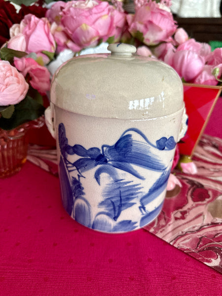 Vintage Lidded Jar, Blue and White, Chinoiserie, Hand Painted, Landscape Motif