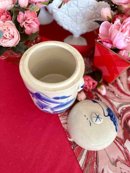 Vintage Lidded Jar, Blue and White, Chinoiserie, Hand Painted, Landscape Motif