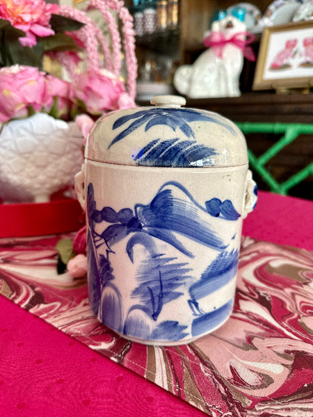 Vintage Lidded Jar, Blue and White, Chinoiserie, Hand Painted, Landscape Motif