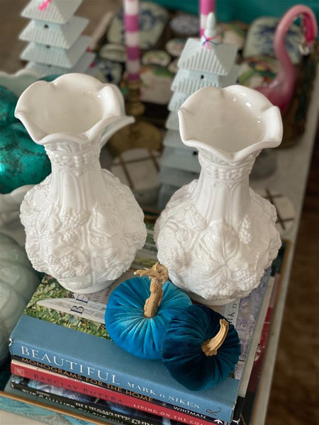 Pair  vintage grapevine milkglass vases