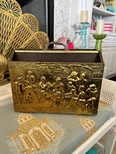 Vintage Brass Magazine Holder, Wood and Embossed Brass, Lombard, Peasants Scene