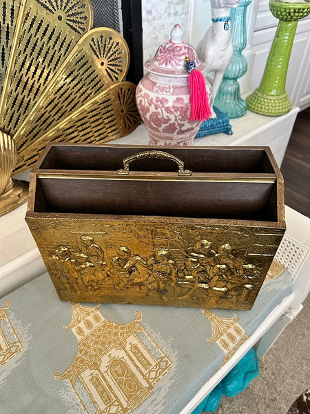 Vintage Brass Magazine Holder, Wood and Embossed Brass, Lombard, Peasants Scene